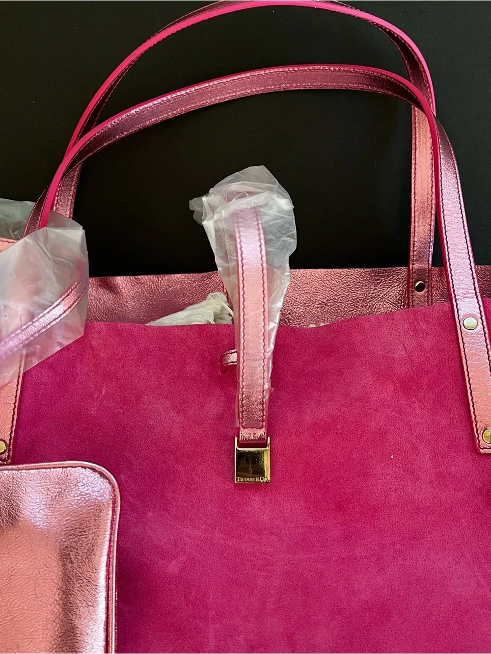 Tiffany & Co Slouchy Hot Pink Suede Reversible Metallic Large Tote Bag New